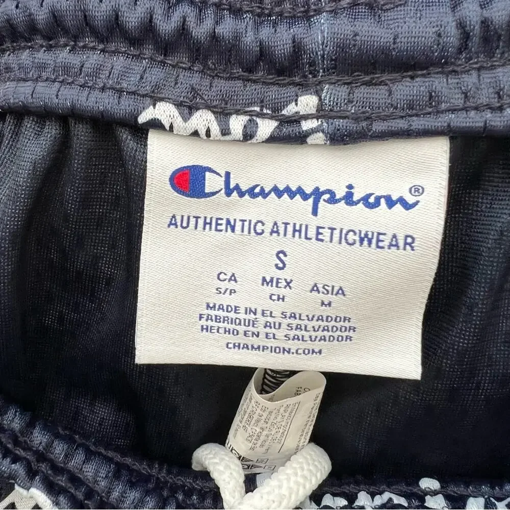 Champion Allover Logo Print Mesh Active Shorts Navy Blue White